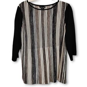 Ming Wang Vertically Striped Knit Top A-Line Blouse Neutral Black Beige Medium